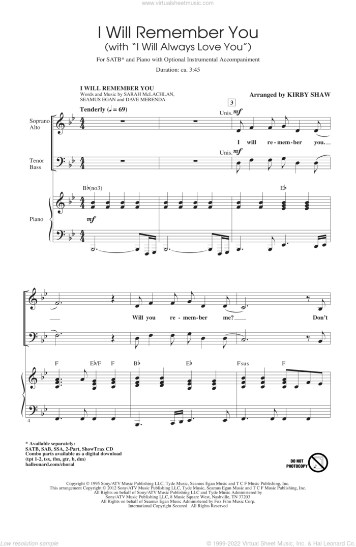 I Will Remember You (with I Will Always Love You) sheet music for choir (SATB: soprano, alto, tenor, bass) by Dolly Parton, Sarah McLachlan, Kirby Shaw and Whitney Houston, wedding score, intermediate skill level