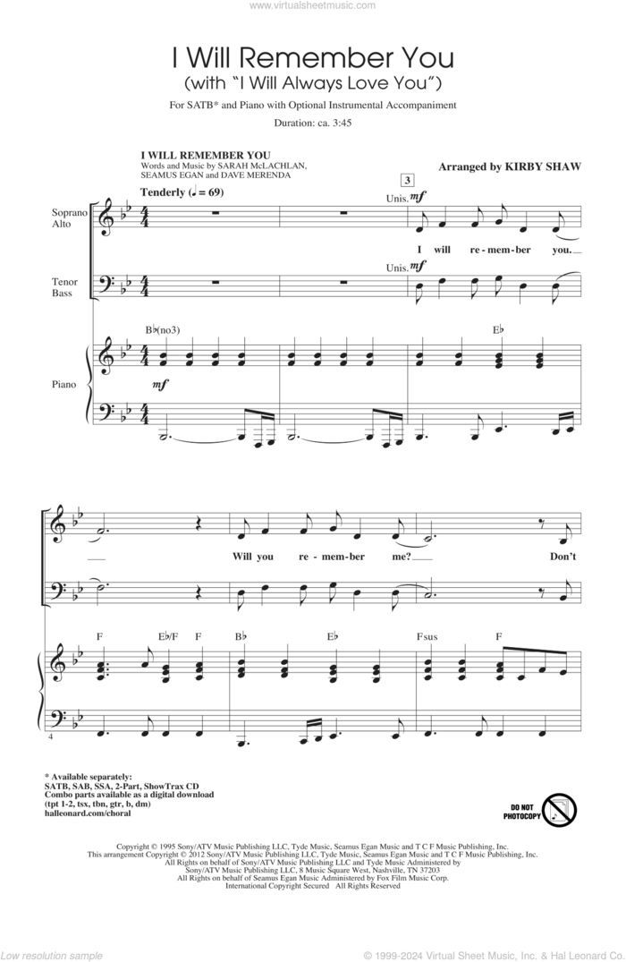 I Will Remember You (with I Will Always Love You) sheet music for choir (SATB: soprano, alto, tenor, bass) by Dolly Parton, Sarah McLachlan, Kirby Shaw and Whitney Houston, wedding score, intermediate skill level