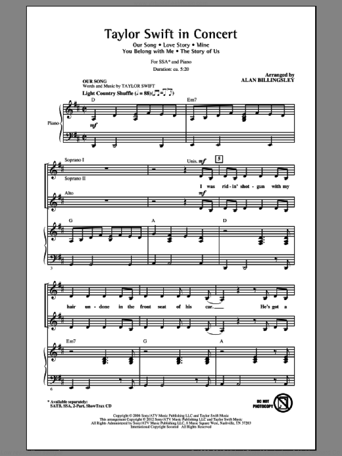 Taylor Swift In Concert (Medley) sheet music for choir (SSA: soprano, alto) by Taylor Swift, Liz Rose and Alan Billingsley, intermediate skill level