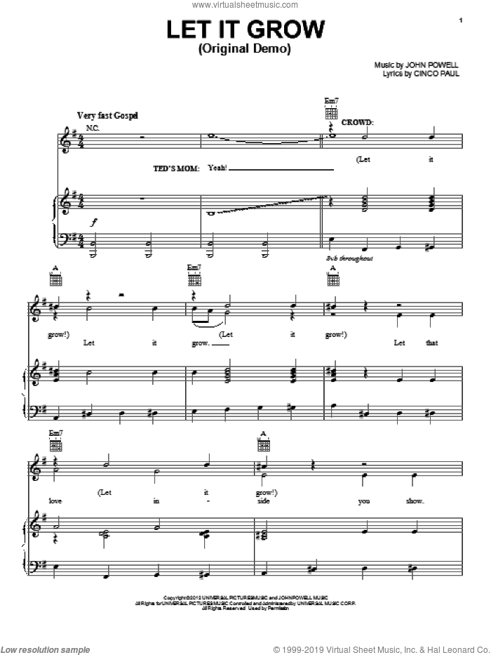 Let It Grow (Original Demo) sheet music for voice, piano or guitar by John Powell, The Lorax (Movie) and Cinco Paul, intermediate skill level