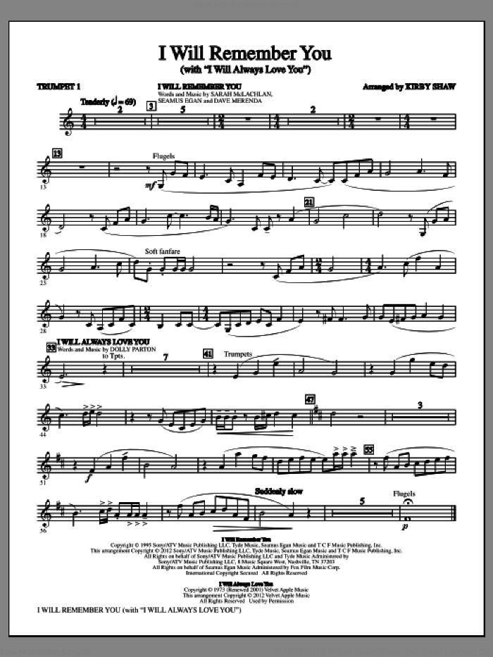 I Will Remember You (with I Will Always Love You) (complete set of parts) sheet music for orchestra/band by Dolly Parton, Sarah McLachlan, Kirby Shaw and Whitney Houston, intermediate skill level