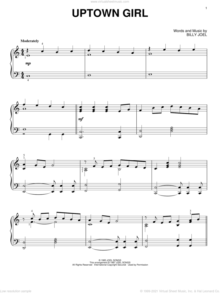 Uptown Girl sheet music for piano solo by Glee Cast, Billy Joel and Miscellaneous, intermediate skill level