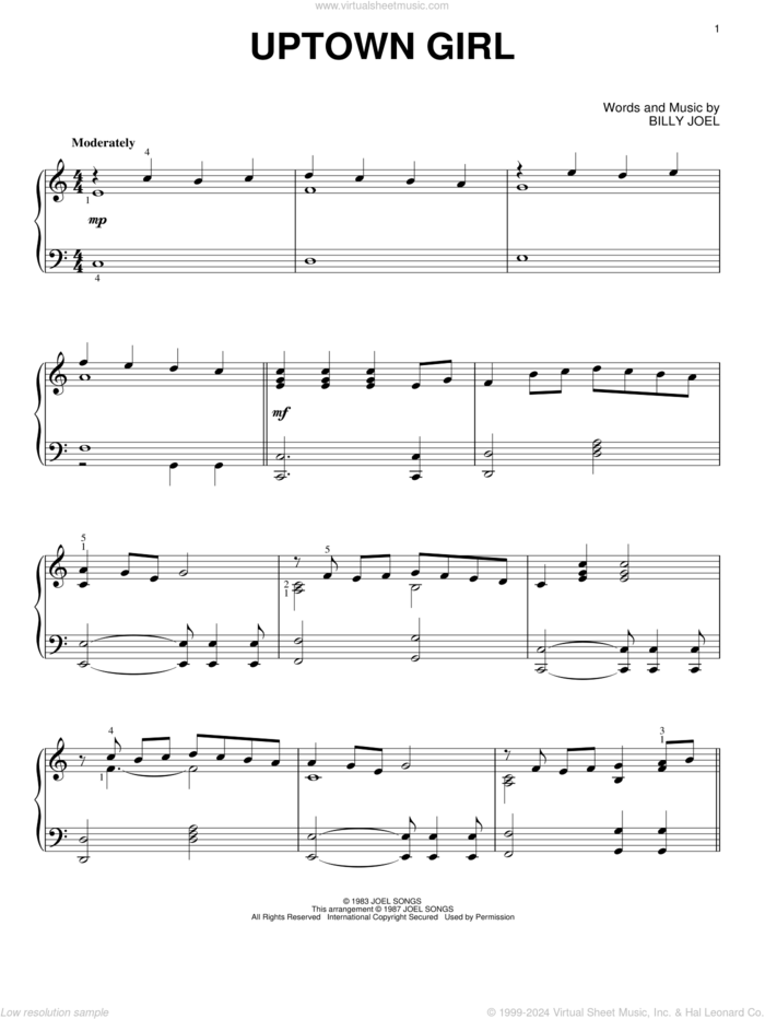 Uptown Girl, (intermediate) sheet music for piano solo by Glee Cast, Billy Joel and Miscellaneous, intermediate skill level