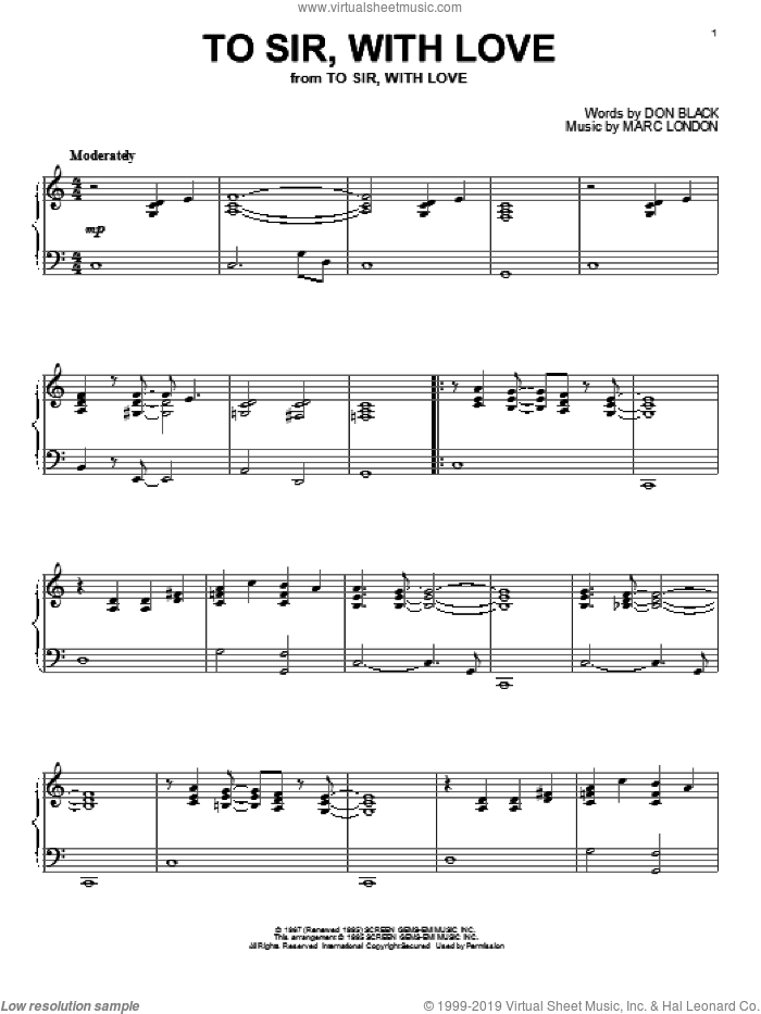 To Sir, With Love sheet music for piano solo by Glee Cast, Lulu, Don Black, Marc London and Miscellaneous, intermediate skill level