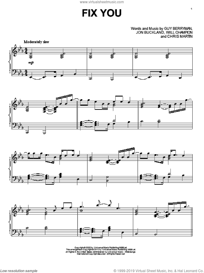 Fix You sheet music for piano solo by Glee Cast, Coldplay, Chris Martin, Guy Berryman, Jon Buckland, Miscellaneous and Will Champion, intermediate skill level