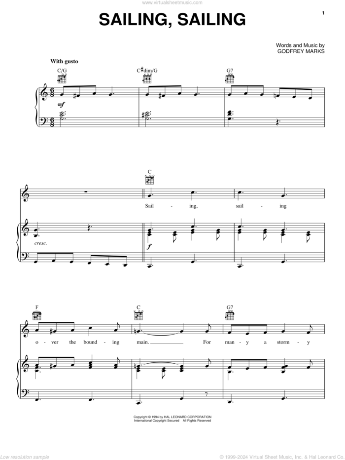 Sailing, Sailing sheet music for voice, piano or guitar by Godfrey Marks, intermediate skill level