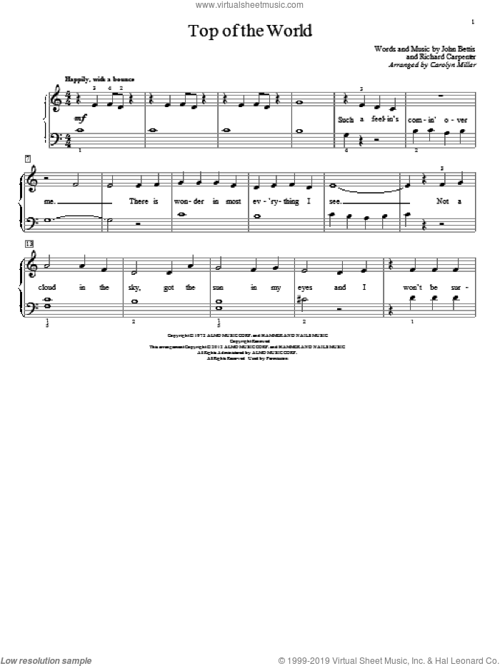 Top Of The World sheet music for piano solo (elementary) by Carolyn Miller, Carpenters, John Thompson, John Bettis and Richard Carpenter, beginner piano (elementary)