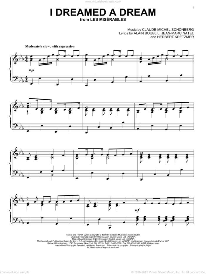I Dreamed A Dream sheet music for piano solo by Glee Cast, Les Miserables (Musical), Alain Boublil, Claude-Michel Schonberg, Herbert Kretzmer, Jean-Marc Natel and Miscellaneous, intermediate skill level