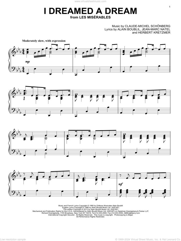 I Dreamed A Dream sheet music for piano solo by Glee Cast, Les Miserables (Musical), Alain Boublil, Claude-Michel Schonberg, Herbert Kretzmer, Jean-Marc Natel and Miscellaneous, intermediate skill level