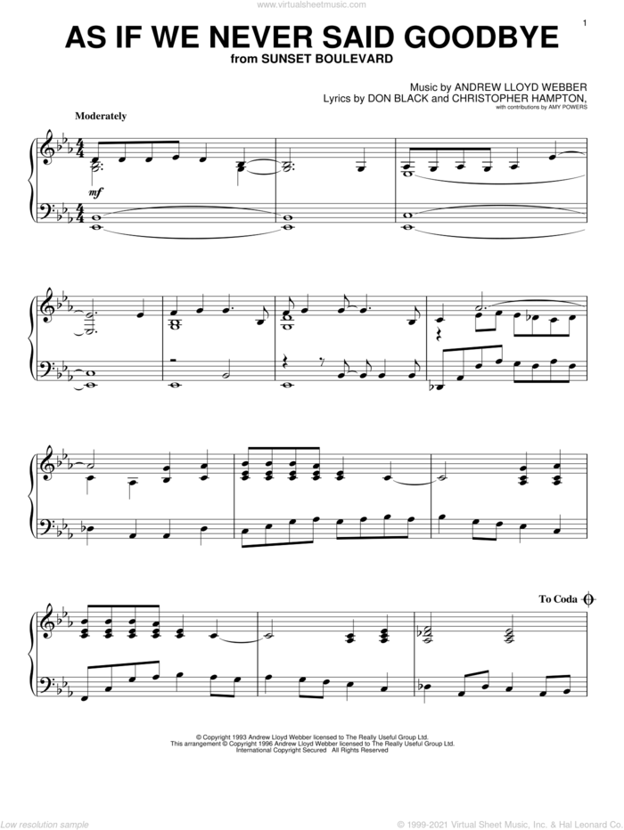 As If We Never Said Goodbye, (intermediate) sheet music for piano solo by Glee Cast, Sunset Boulevard (Musical), Andrew Lloyd Webber, Christopher Hampton, Don Black and Miscellaneous, intermediate skill level