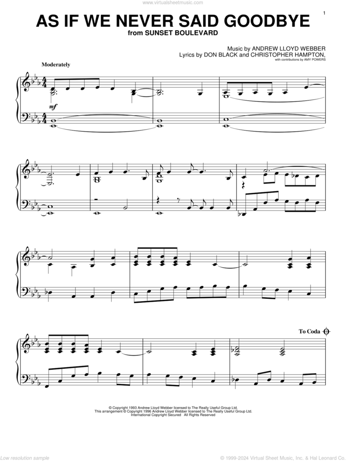 As If We Never Said Goodbye, (intermediate) sheet music for piano solo by Glee Cast, Sunset Boulevard (Musical), Andrew Lloyd Webber, Christopher Hampton, Don Black and Miscellaneous, intermediate skill level