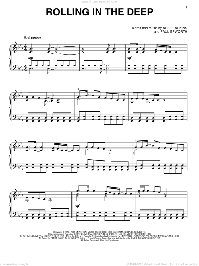 Rolling In The Deep sheet music for piano solo by Glee Cast, Adele, Adele Adkins, Miscellaneous and Paul Epworth, intermediate skill level
