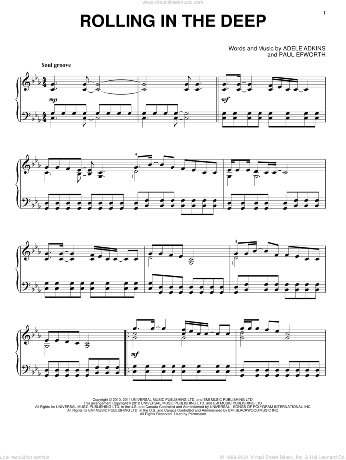 Rolling In The Deep sheet music for piano solo by Glee Cast, Adele, Adele Adkins, Miscellaneous and Paul Epworth, intermediate skill level