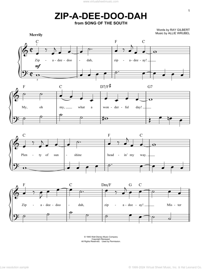 Zip-A-Dee-Doo-Dah (from Song Of The South), (easy) (from Song Of The South) sheet music for piano solo by Ray Gilbert, James Baskett and Allie Wrubel, easy skill level