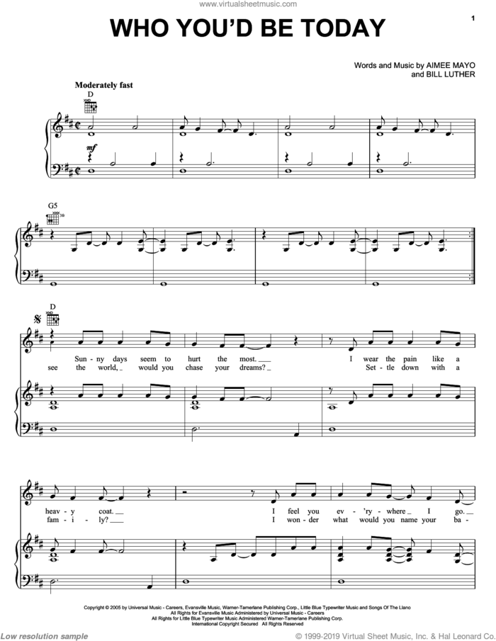 Who You'd Be Today sheet music for voice, piano or guitar by Kenny Chesney, Aimee Mayo and Bill Luther, intermediate skill level