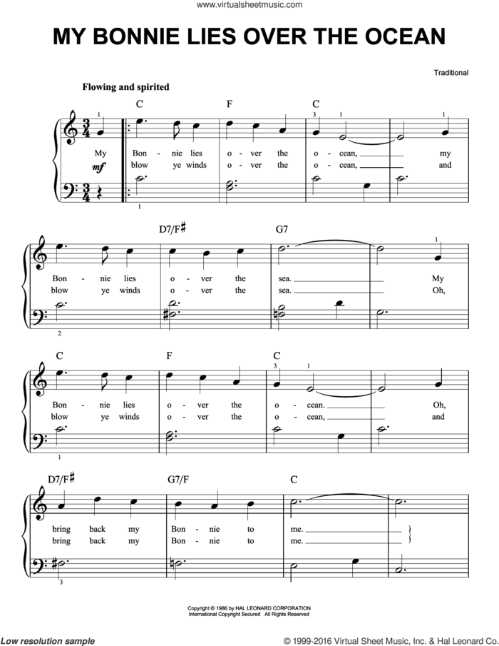 My Bonnie Lies Over The Ocean, (easy) sheet music for piano solo, easy skill level