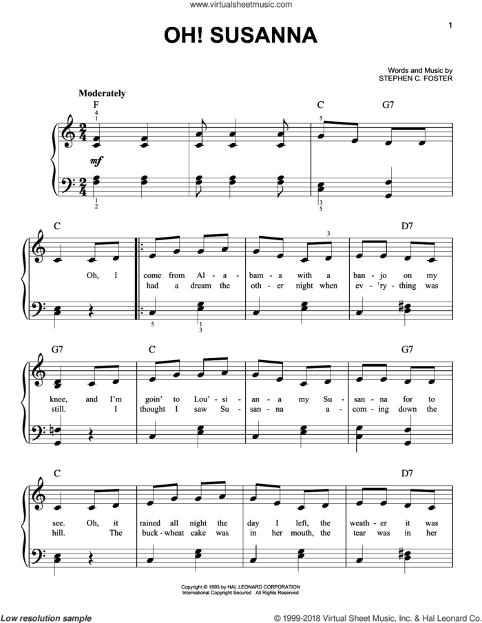 Oh! Susanna sheet music for piano solo by Stephen Foster, easy skill level