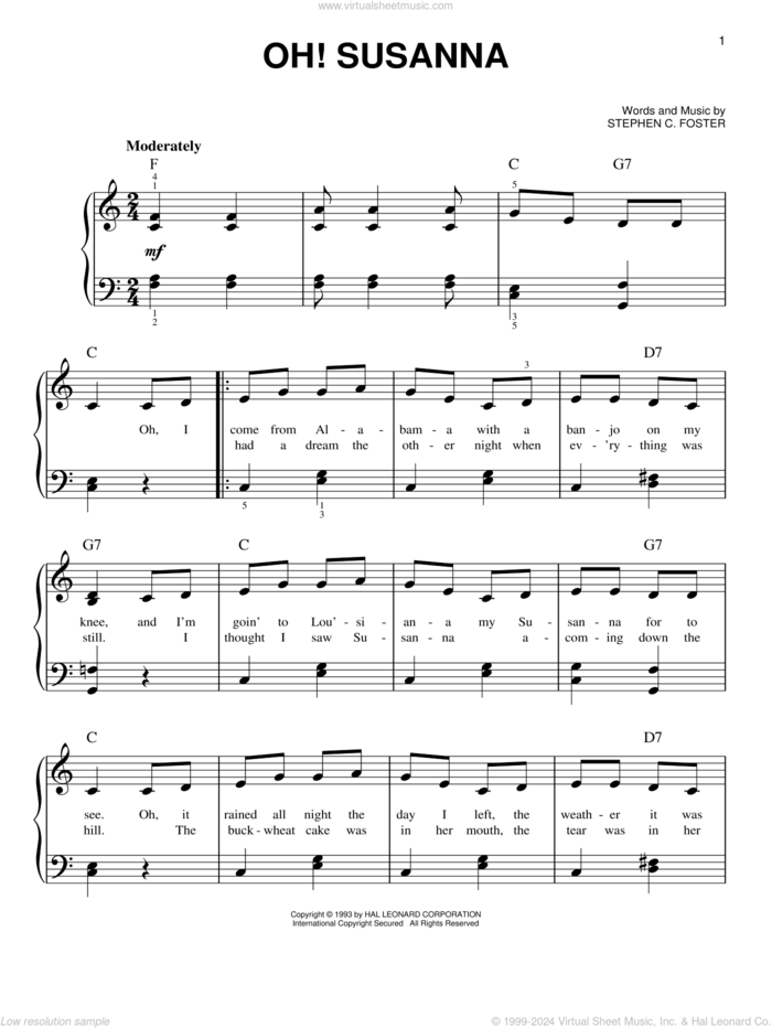 Oh! Susanna, (easy) sheet music for piano solo by Stephen Foster, easy skill level