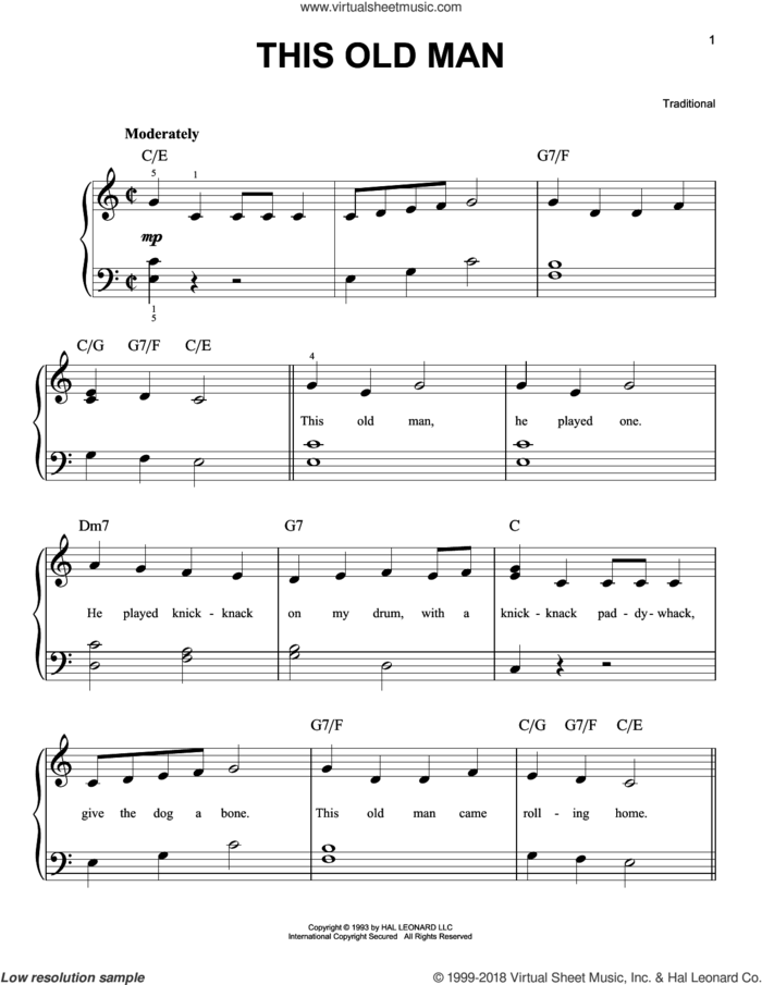 This Old Man sheet music for piano solo, beginner skill level
