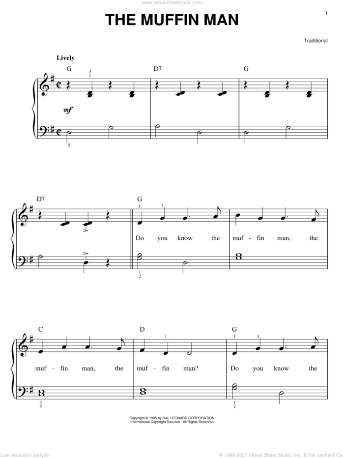 The Muffin Man sheet music for piano solo, easy skill level
