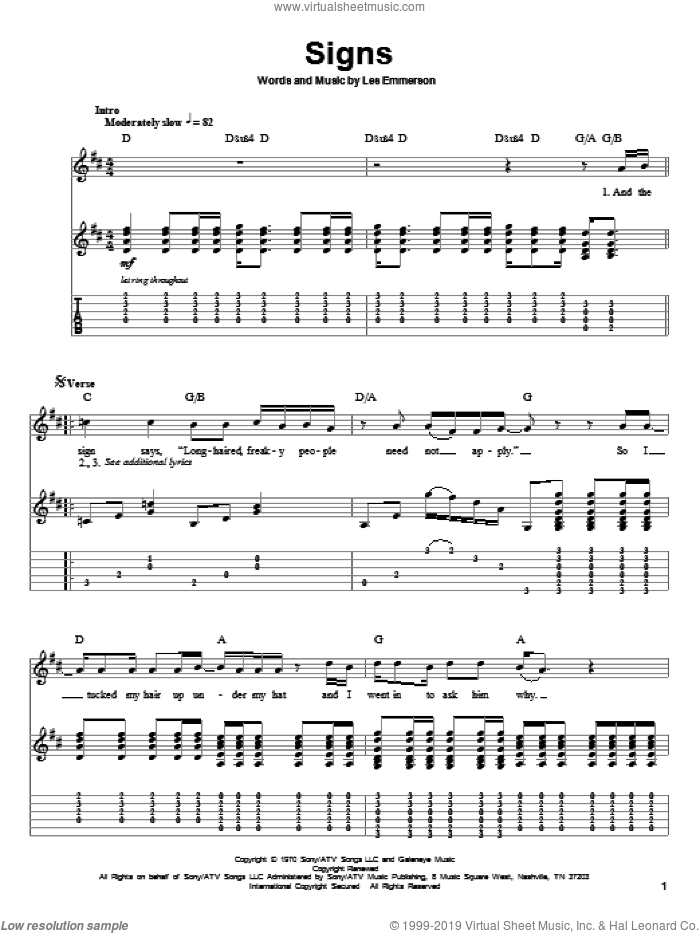 Signs sheet music for guitar (tablature, play-along) by Tesla, Five Man Electrical Band and Les Emmerson, intermediate skill level