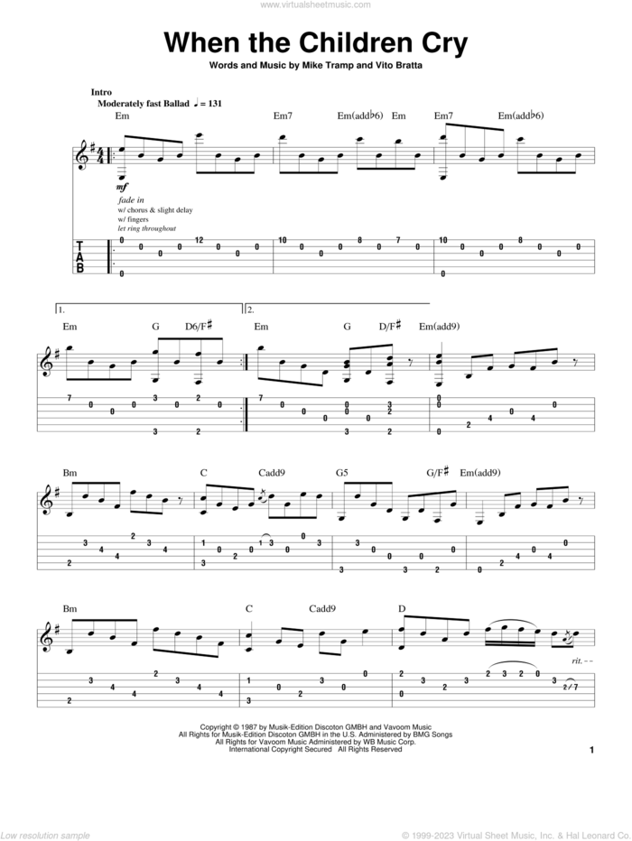 When The Children Cry sheet music for guitar (tablature, play-along) by White Lion, Mike Tramp and Vito Bratta, intermediate skill level