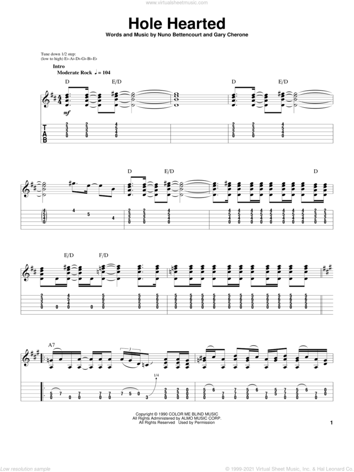 Hole Hearted sheet music for guitar (tablature, play-along) by Extreme, Gary Cherone and Nuno Bettencourt, intermediate skill level