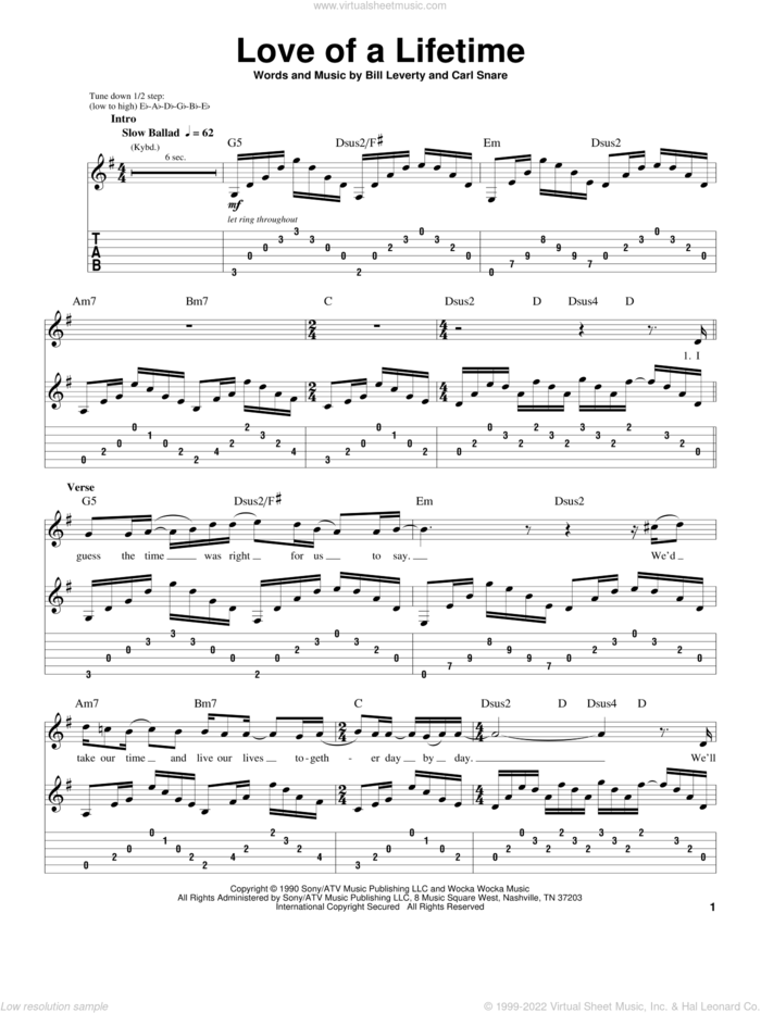 Love Of A Lifetime sheet music for guitar (tablature, play-along) by Firehouse, Bill Leverty and Carl Snare, wedding score, intermediate skill level