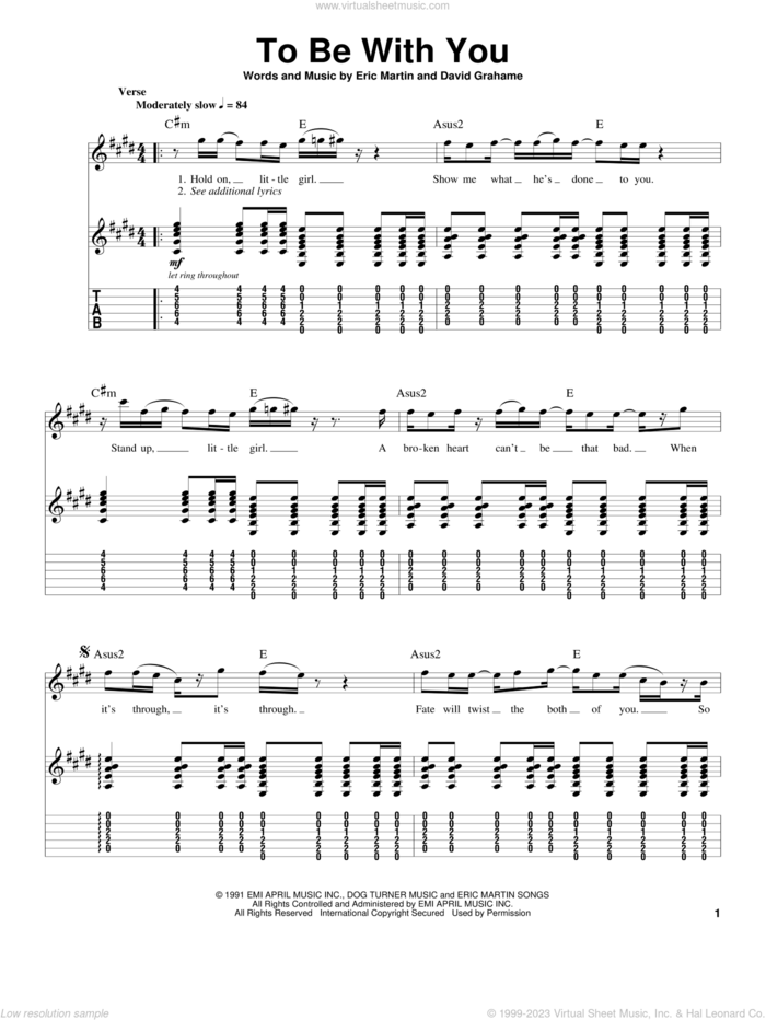 To Be With You sheet music for guitar (tablature, play-along) by Mr. Big, David Grahame and Eric Martin, wedding score, intermediate skill level