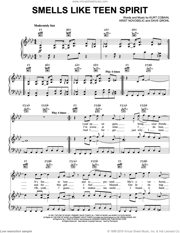 Smells Like Teen Spirit sheet music for voice, piano or guitar by Nirvana, Chris Novoselic, Dave Grohl and Kurt Cobain, intermediate skill level