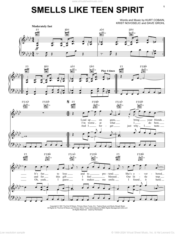 Smells Like Teen Spirit sheet music for voice, piano or guitar by Nirvana, Chris Novoselic, Dave Grohl and Kurt Cobain, intermediate skill level