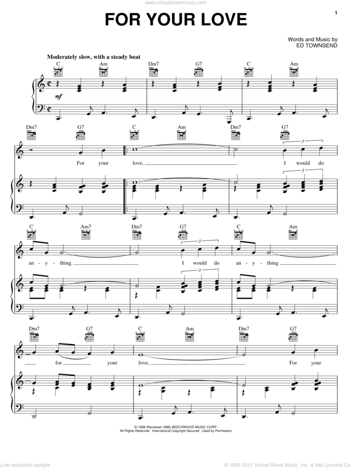 For Your Love sheet music for voice, piano or guitar by Ed Townsend, Gwen McCrae and Peaches & Herb, intermediate skill level