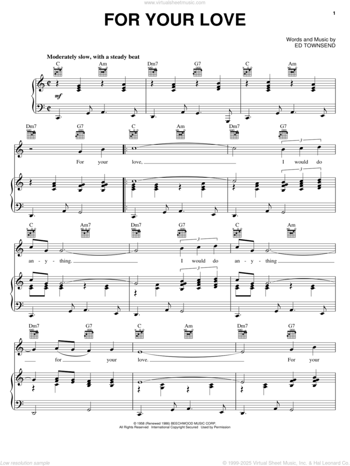 For Your Love sheet music for voice, piano or guitar by Ed Townsend, Gwen McCrae and Peaches & Herb, intermediate skill level