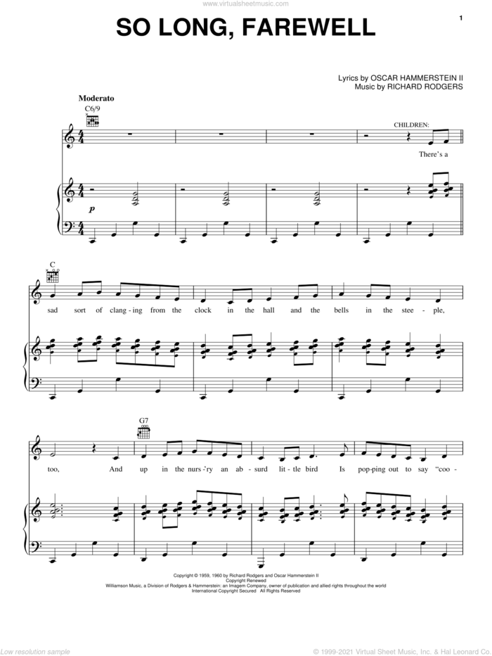 So Long, Farewell (from The Sound of Music) sheet music for voice, piano or guitar by Rodgers & Hammerstein, The Sound Of Music (Musical), Oscar II Hammerstein and Richard Rodgers, intermediate skill level