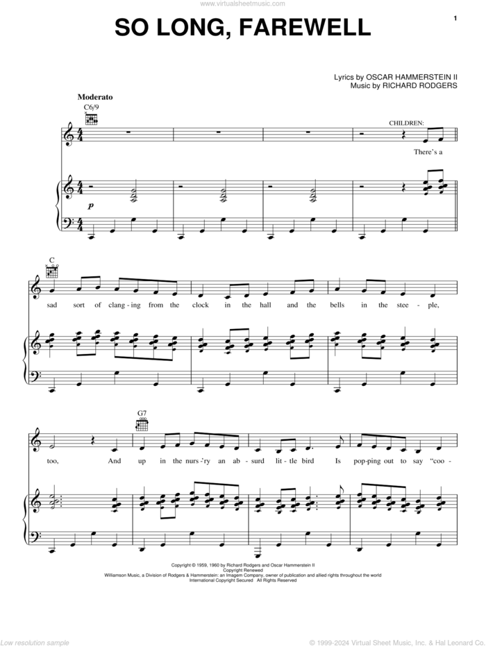 So Long, Farewell (from The Sound of Music) sheet music for voice, piano or guitar by Rodgers & Hammerstein, The Sound Of Music (Musical), Oscar II Hammerstein and Richard Rodgers, intermediate skill level