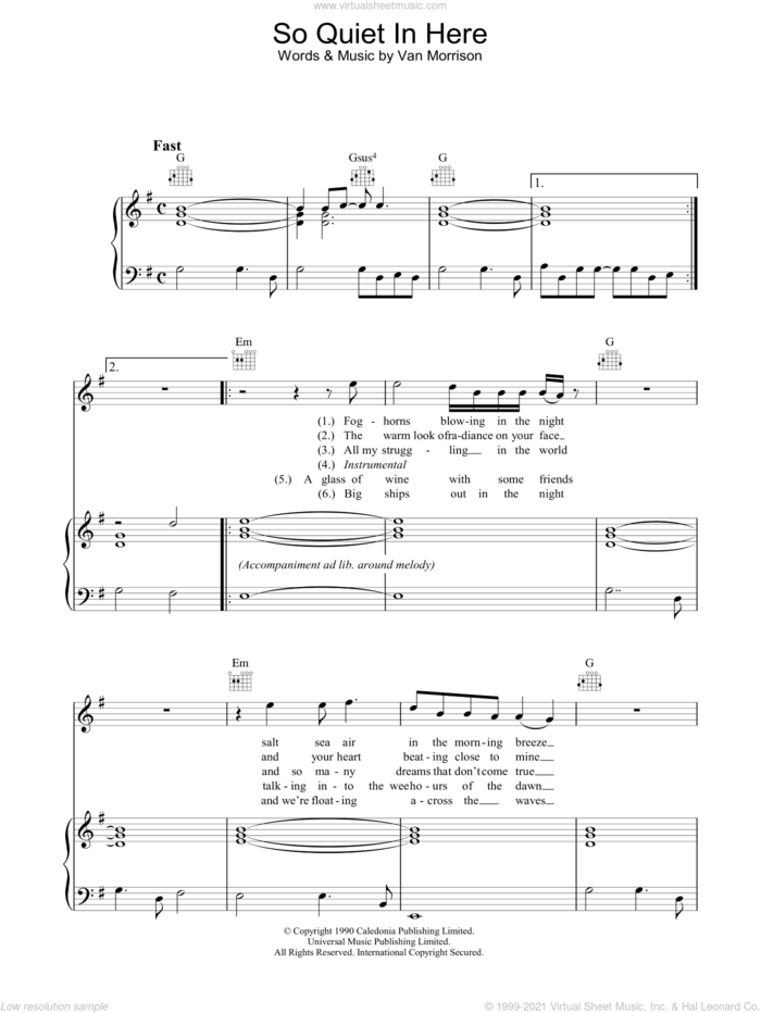 So Quiet In Here sheet music for voice, piano or guitar by Van Morrison, intermediate skill level