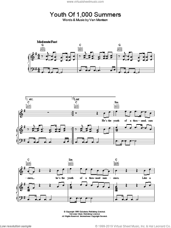 Youth Of 1000 Summers sheet music for voice, piano or guitar by Van Morrison, intermediate skill level