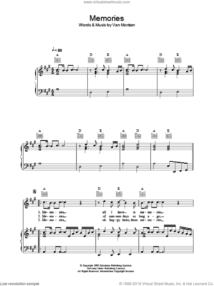 Memories sheet music for voice, piano or guitar by Van Morrison, intermediate skill level