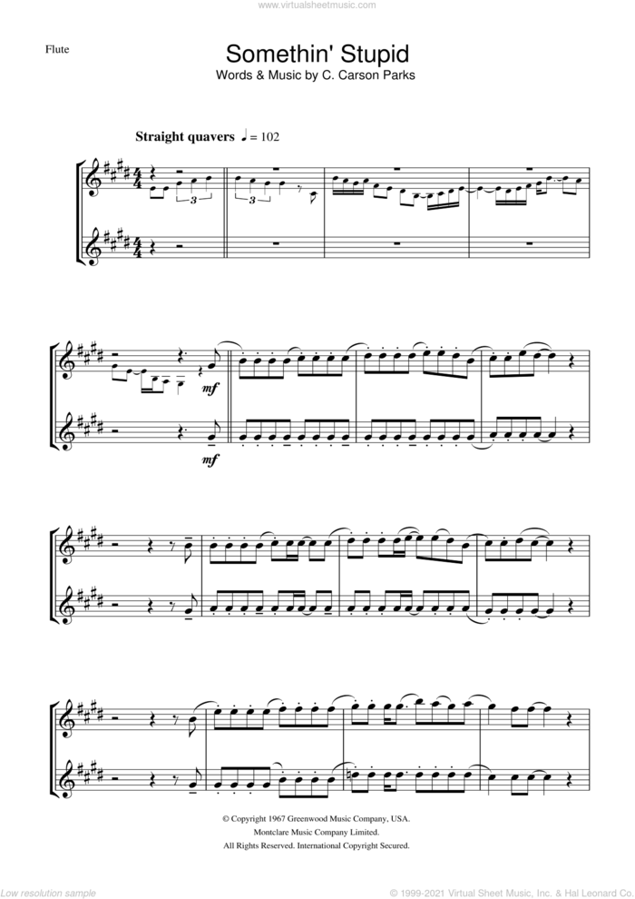 Somethin' Stupid sheet music for flute solo by Frank Sinatra and C. Carson Parks, intermediate skill level