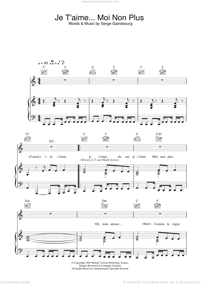 Je t'aime... moi non plus sheet music for voice, piano or guitar by Serge Gainsbourg and Jane Birkin, intermediate skill level