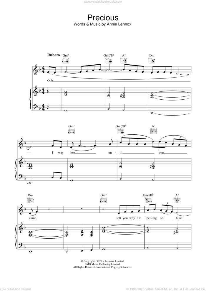 Precious sheet music for voice, piano or guitar by Annie Lennox, intermediate skill level