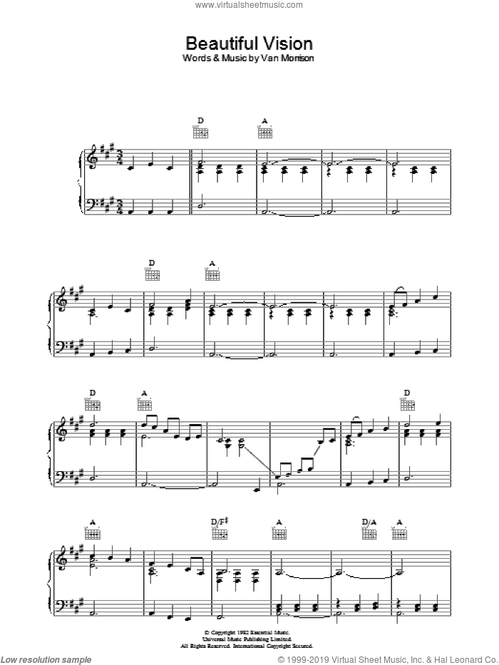 Beautiful Vision sheet music for voice, piano or guitar by Van Morrison, intermediate skill level