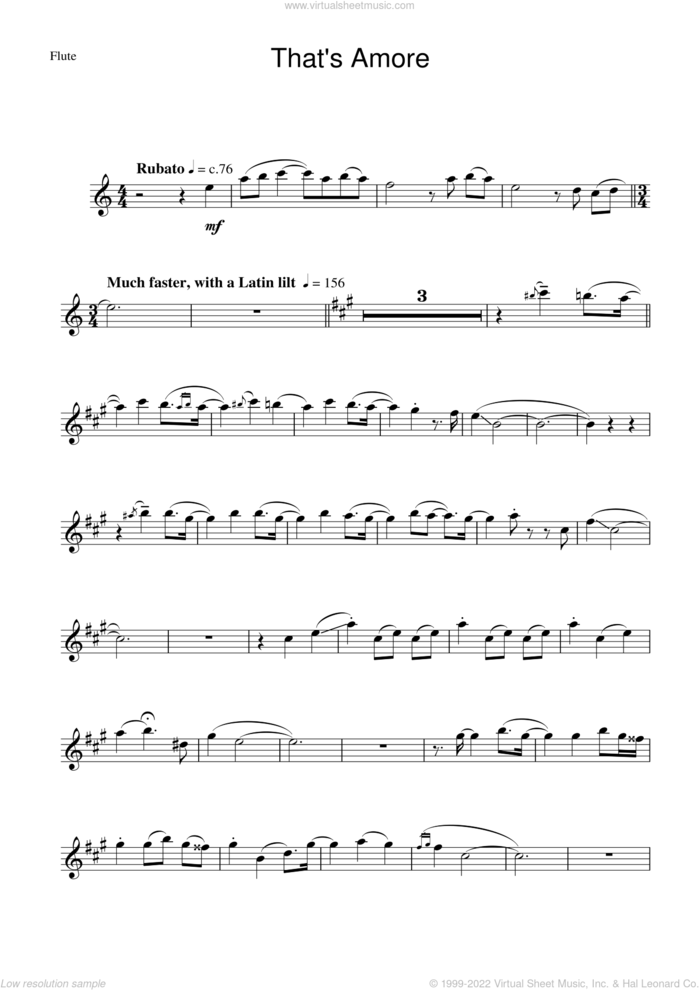 That's Amore (That's Love) sheet music for flute solo by Dean Martin, Harry Warren and Jack Brooks, intermediate skill level