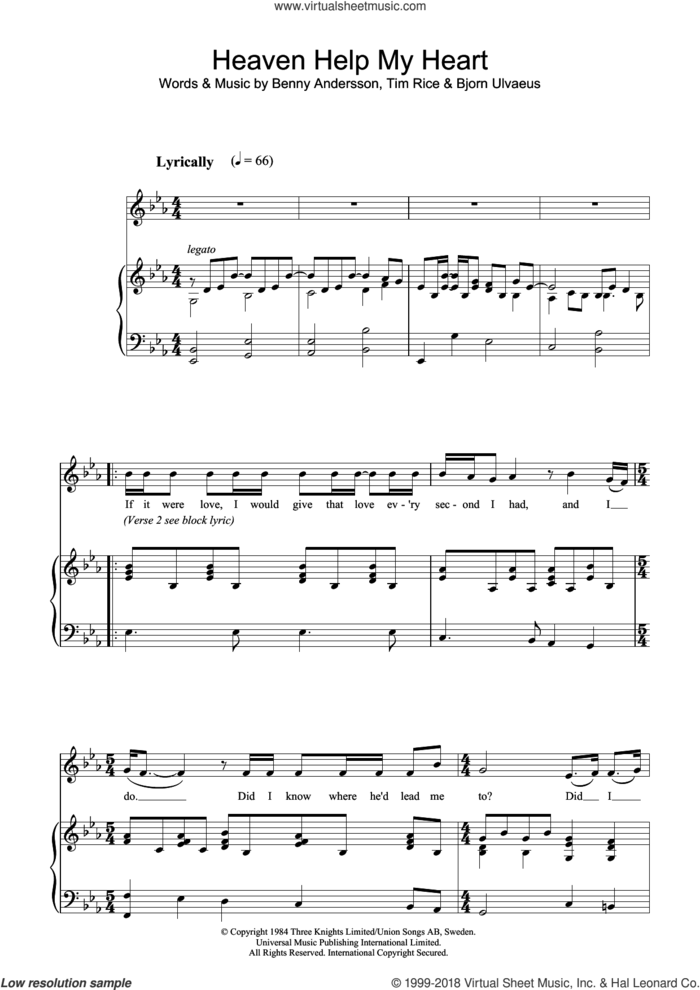 Heaven Help My Heart (from Chess) sheet music for voice and piano by Tim Rice, Chess (Musical), Benny Andersson and Bjorn Ulvaeus, intermediate skill level