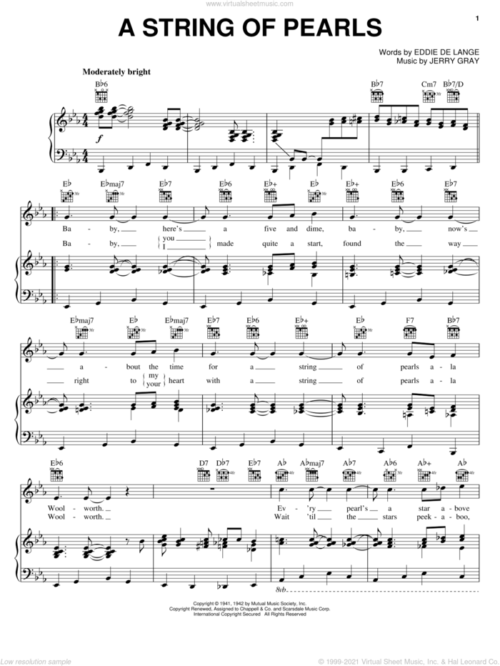 A String Of Pearls sheet music for voice, piano or guitar by Eddie DeLange and Jerry Gray, intermediate skill level