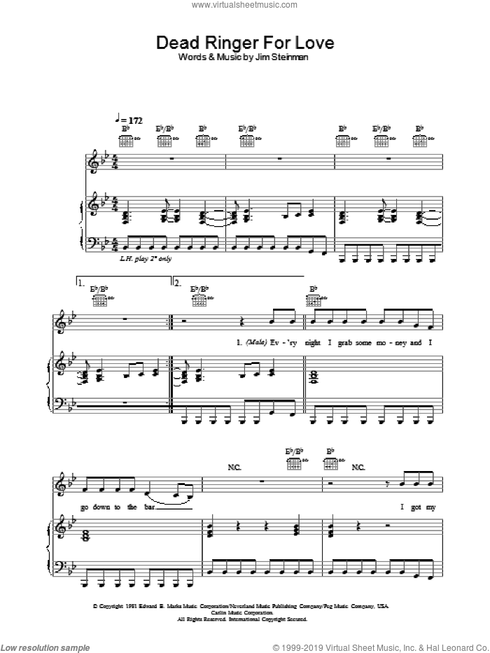 Dead Ringer For Love sheet music for voice, piano or guitar by Meat Loaf, Cher and Jim Steinman, intermediate skill level