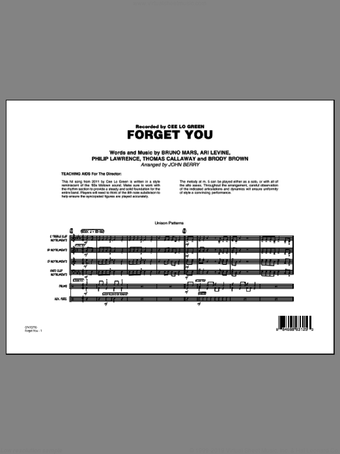 Forget You (COMPLETE) sheet music for jazz band by Bruno Mars, Ari Levine, Brody Brown, Philip Lawrence, Thomas Callaway, Cee Lo Green and John Berry, intermediate skill level