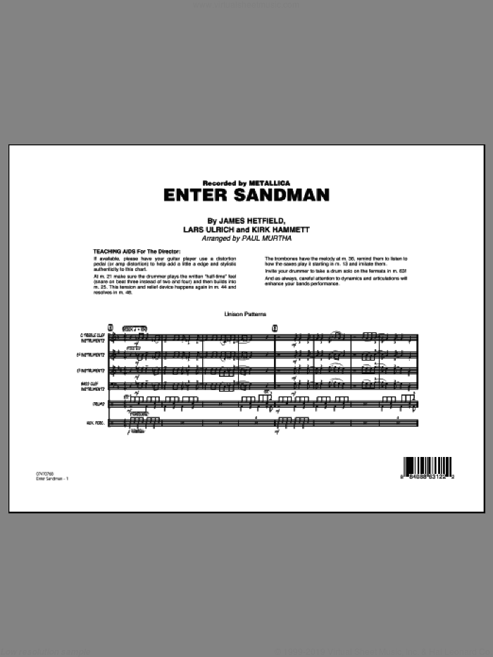 Enter Sandman (COMPLETE) sheet music for jazz band by Paul Murtha, James Hetfield, Kirk Hammett, Lars Ulrich and Metallica, intermediate skill level