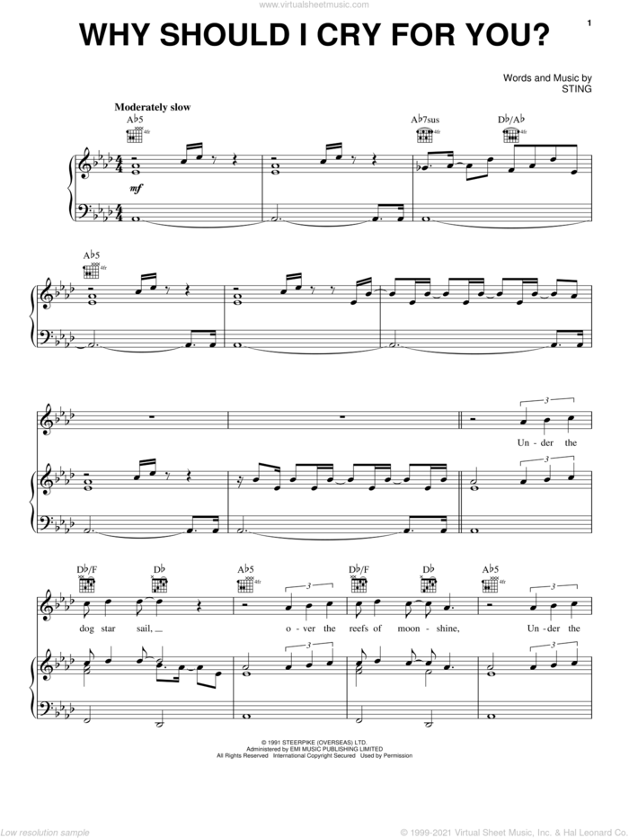 Why Should I Cry For You? sheet music for voice, piano or guitar by Sting, intermediate skill level