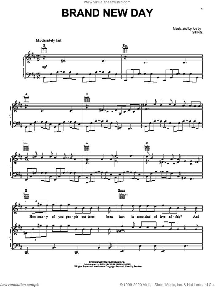 Brand New Day sheet music for voice, piano or guitar by Sting, intermediate skill level